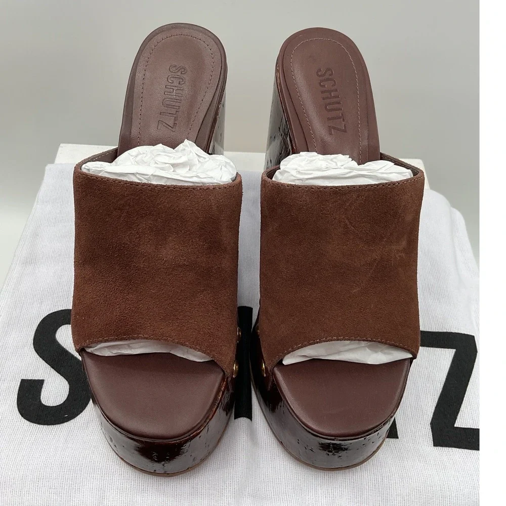 Schutz Brown Suede Platform Wedge Mules Studded Wood Grain Sandals Womens
